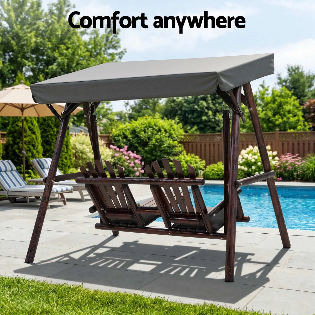 Gardeon Outdoor Wooden Swing Chair with Canopy Middle Table Charcoal - Image 8