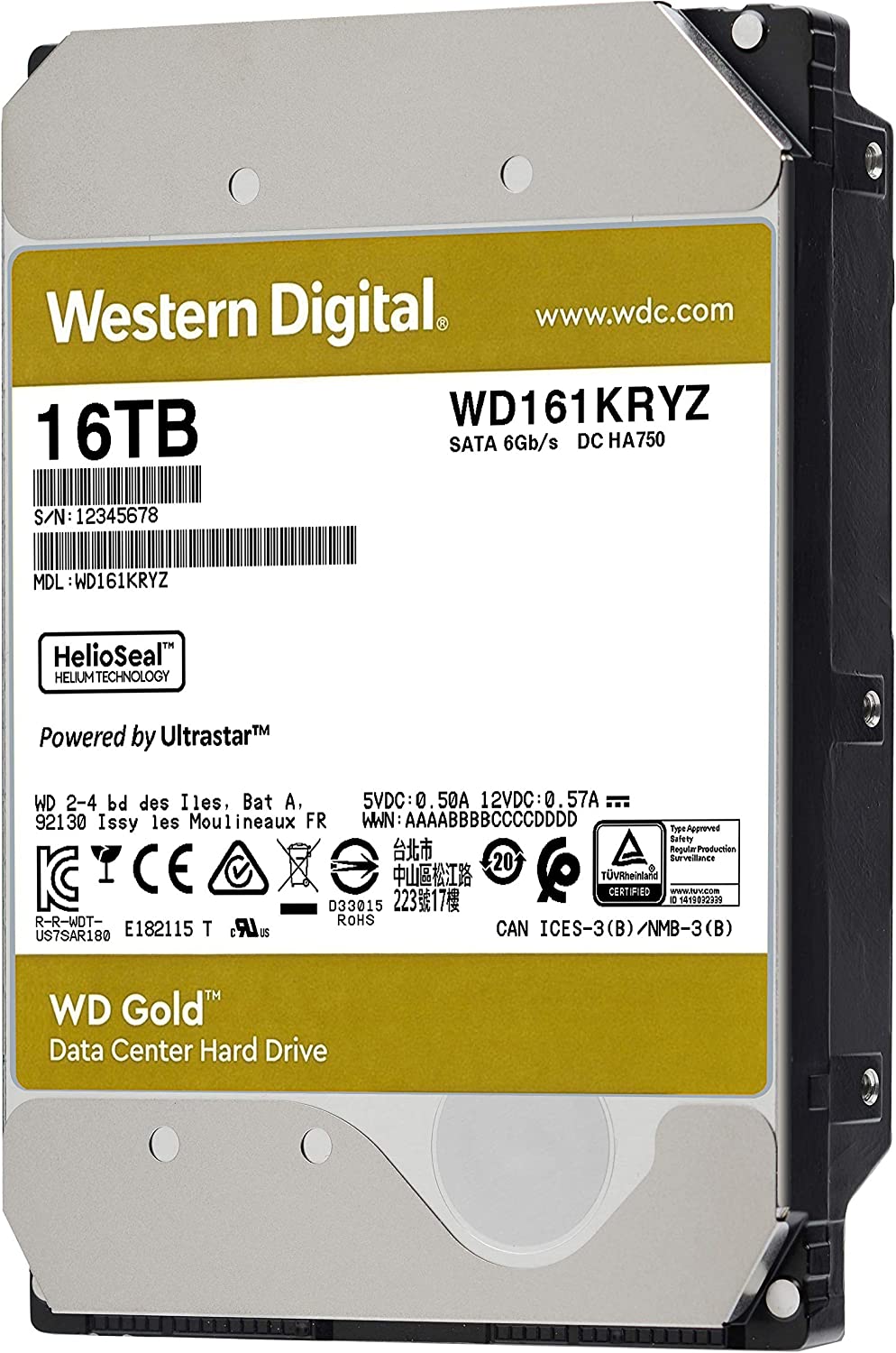 Western Digital Gold 16TB 3.5' Enterprise Class SATA 6 Gb/s HDD 7200 RPM Cache Size 512MB 5-Year Limited Warranty
