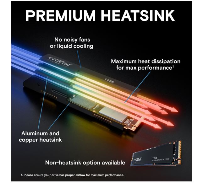 Crucial T705 2TB Gen5 NVMe SSD Heatsink - 14500/12700 MB/s R/W 1200TBW 1550K IOPs 1.5M hrs MTTF D... - Image 4