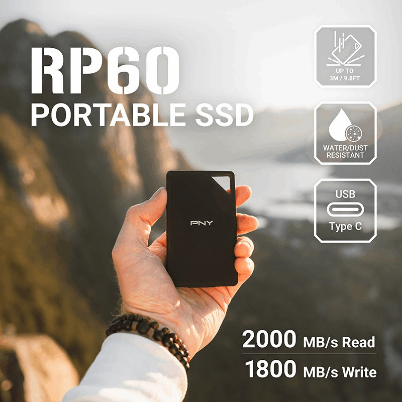 PNY RP60 1TB USB 3.2 Gen 2x2 Type-C Portable SSD Read 2,000 MB/s Write 1,800 MB/s 3m Drop Resistant IP65 rated 3-Year Limited Warranty (AMZ)