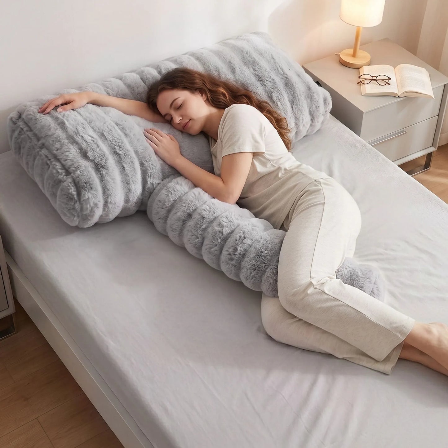 Giselle Wedge Pillow Headboard, Easy Wash Zipper Cover & Anti-Flat Foam, Couch Lumbar Support for Dorm Readers, 340g Faux Rabbit Fur with Dual Pockets, King Single - Image 9