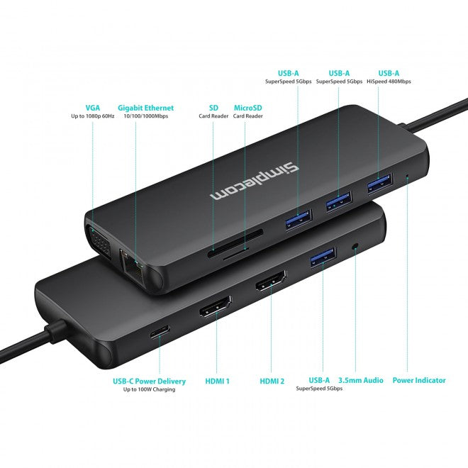 Simplecom CHN612 USB-C 12-in-1 Multiport Docking Station Dual HDMI + VGA Triple Display Gigabit L... - Image 3