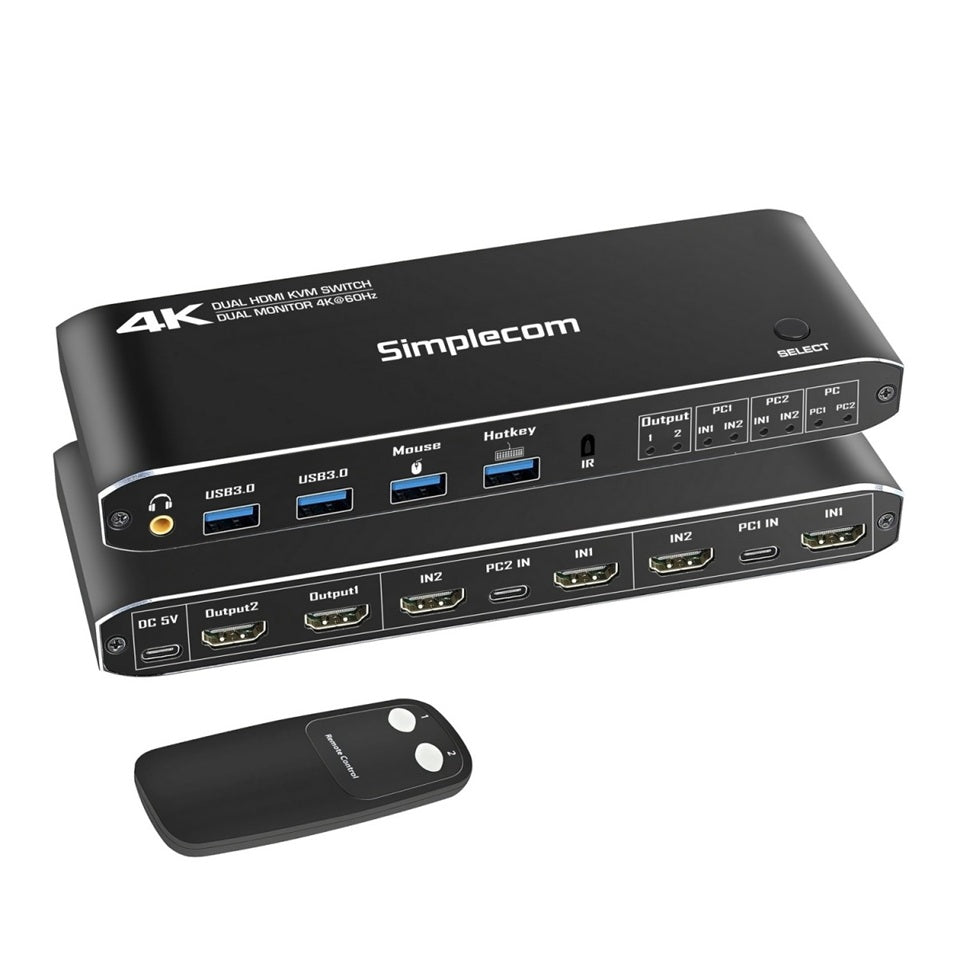 Simplecom KM430 Dual HDMI Monitor KVM Switch for 2 Computers with 4-Port USB Hub 4K@60Hz Keyboard...