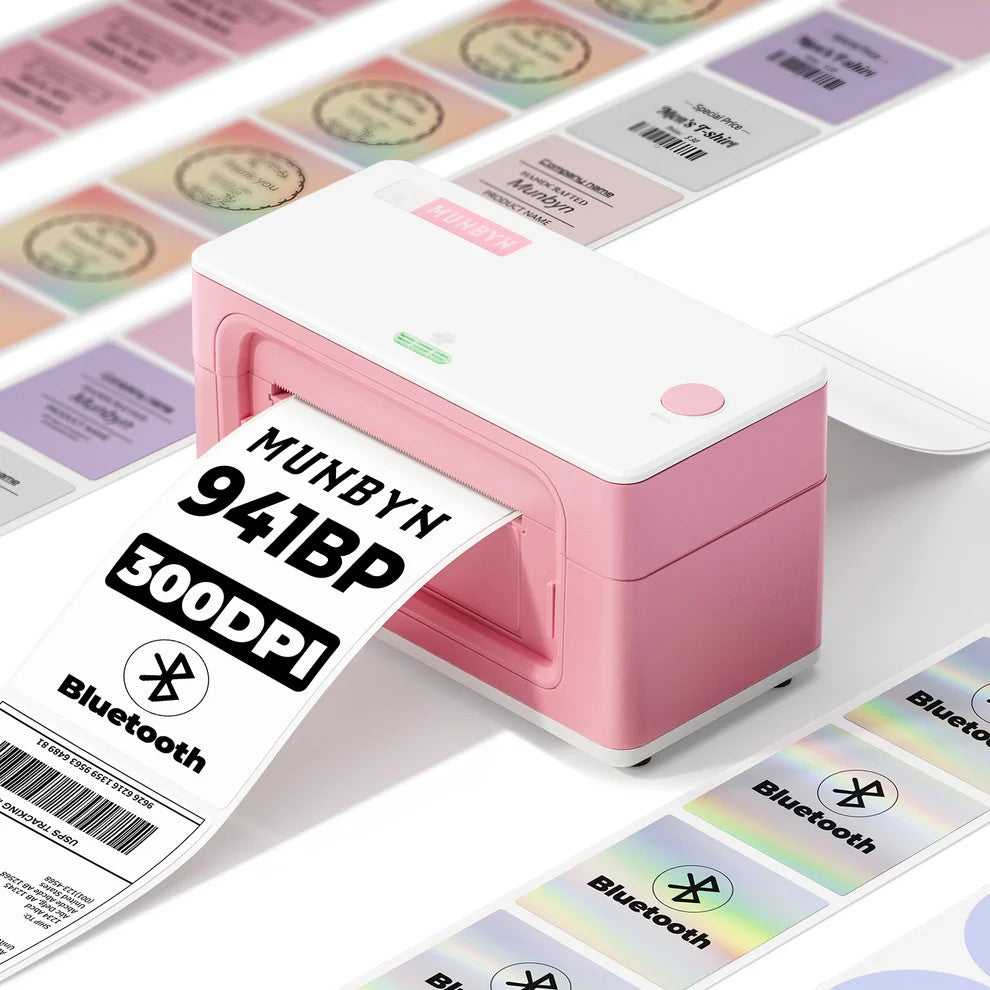 MUNBYN ITPP941BP 4" DT BT 300 DPI LABEL PTR PINK+WHITE - Label Printers