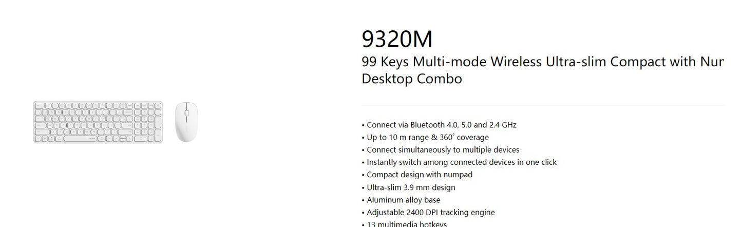 RAPOO 9320M Bluetooth 4.0, 5.0 + 2.4G Wireless Multi-mode Keyboard Mouse Combo, Aluminum Base, 2...