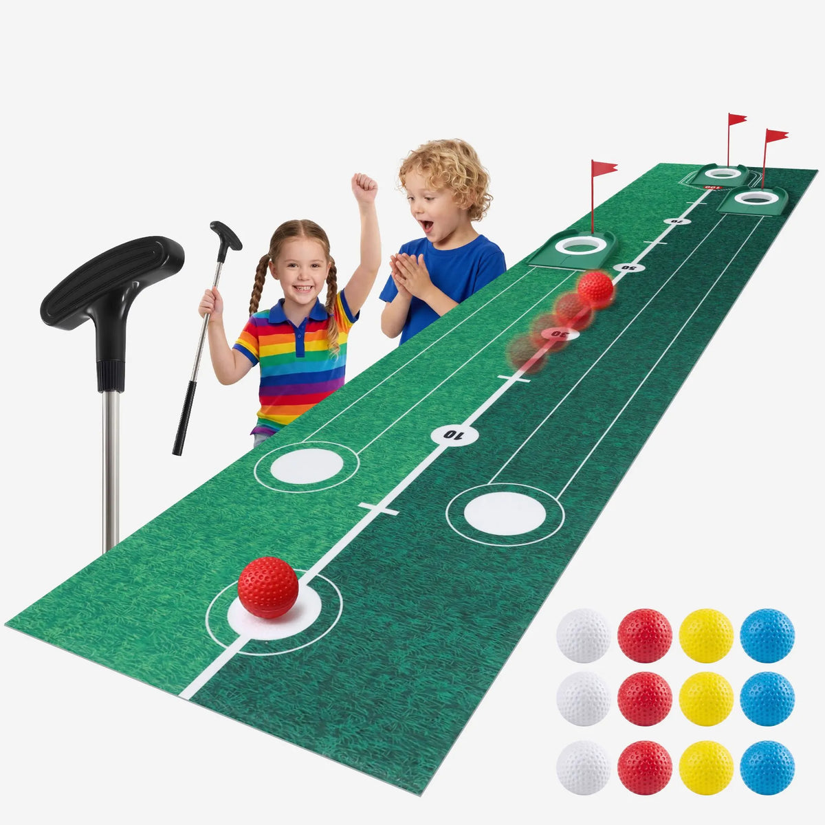 Keezi Kids Golf Putting Game Set with Golf Club, Putting Mat, 12 Balls, 3 Target Holes, Indoor Outdoor Mini Golf Toy for Ages 3-8 - Image 7
