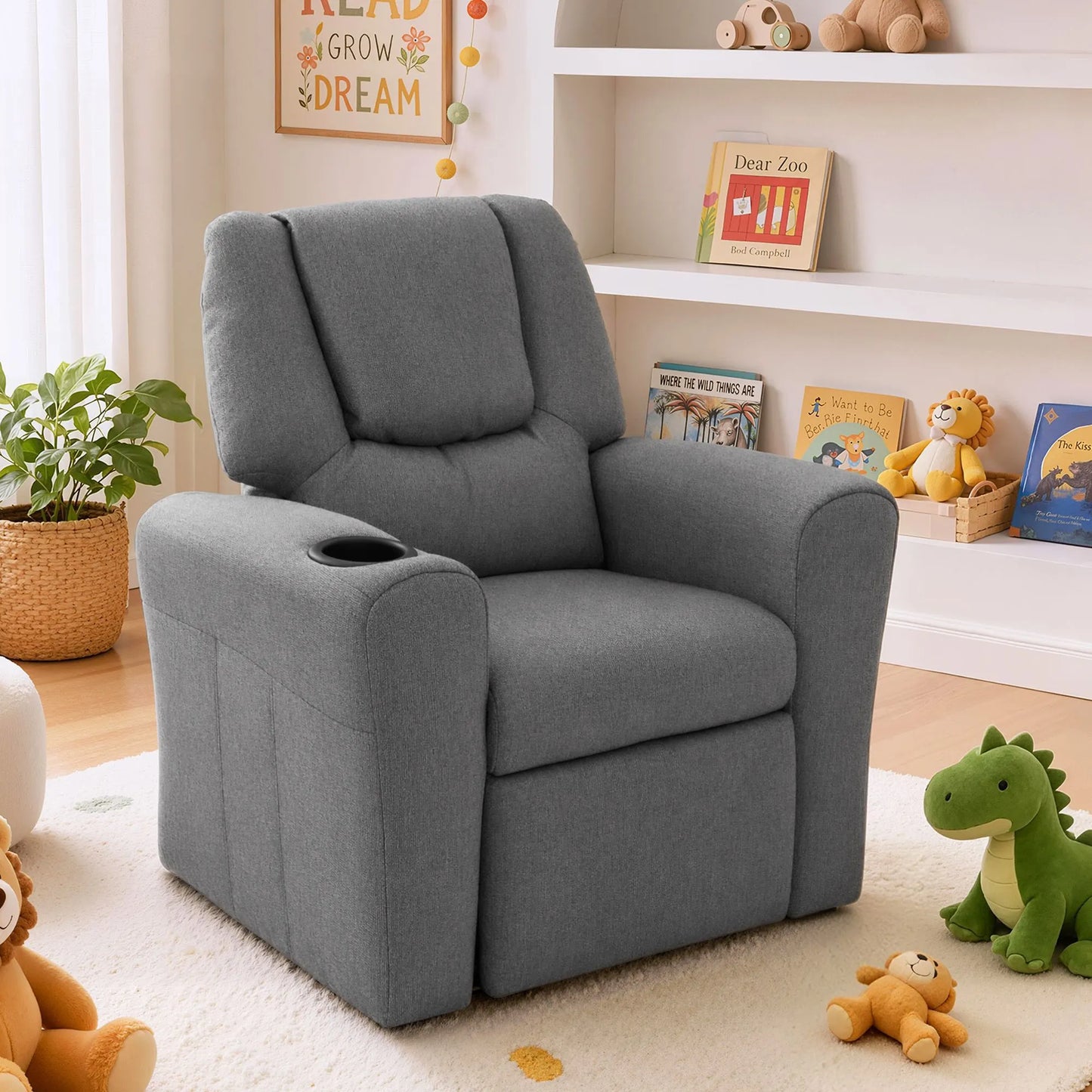 Keezi Kids Recliner Chair Grey Linen Soft Sofa Lounge Couch Children Armchair - Image 9