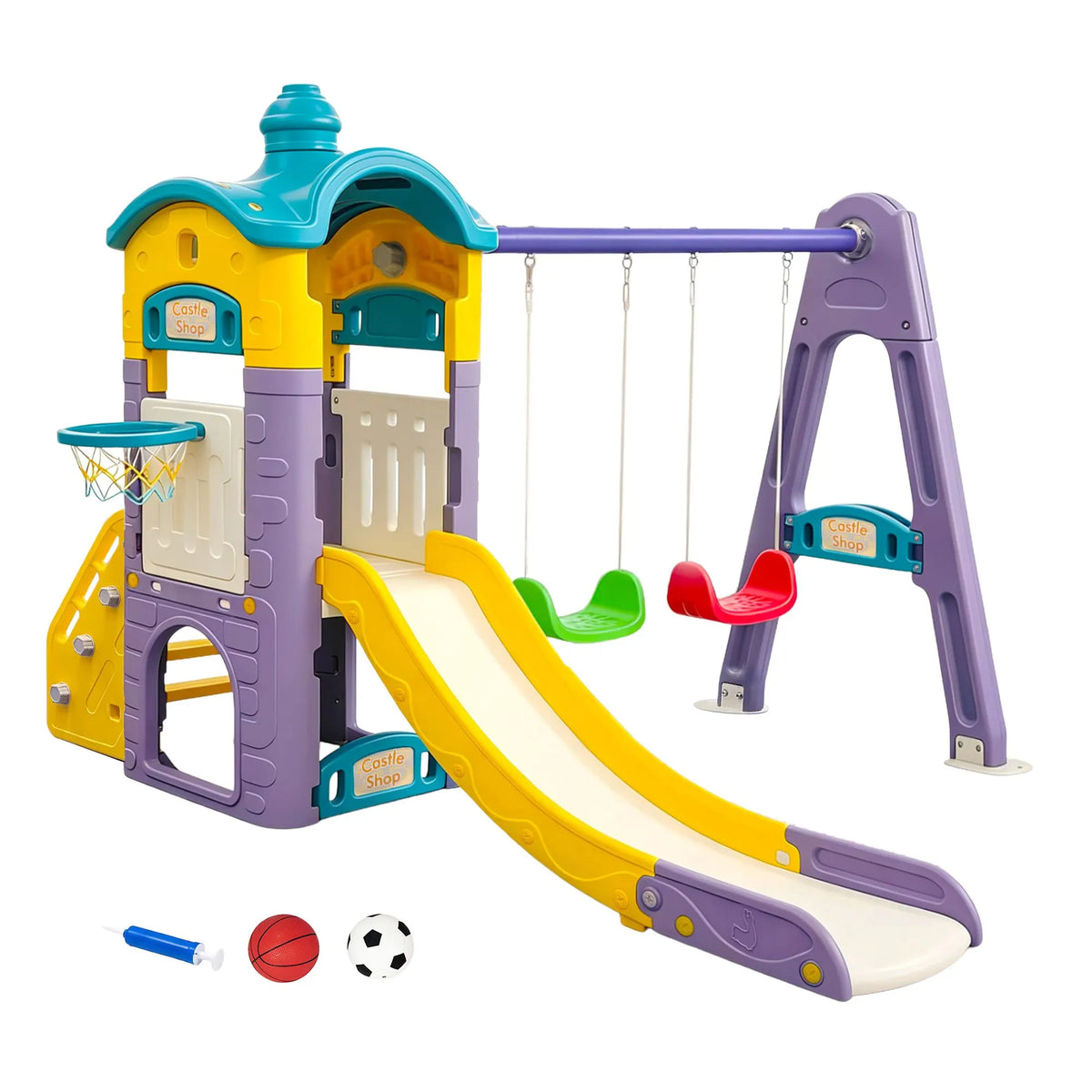 Keezi Kids 4-in-1 Slide Swing Set Double Swing Basketball Hoop Playhouse - Image 9
