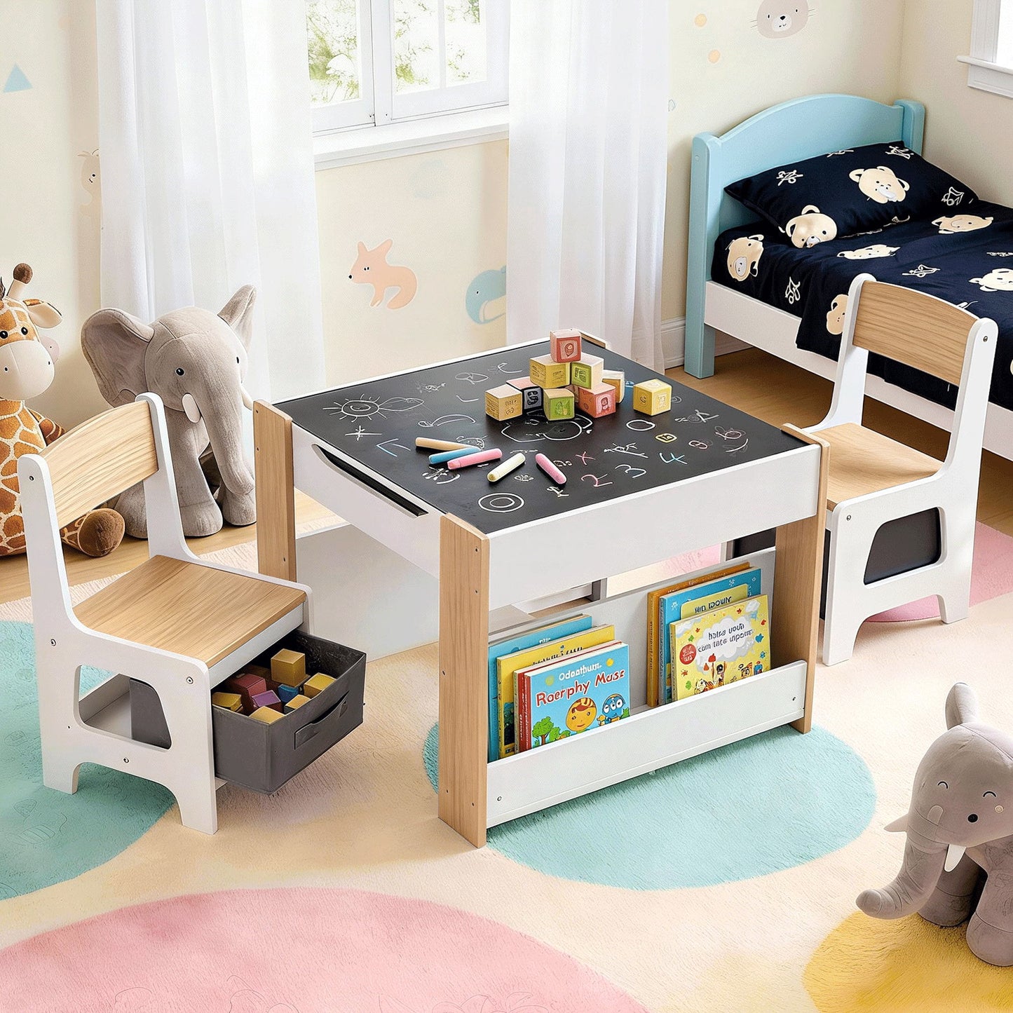 Keezi Kids Table and Chair Set, 4 in 1 Wooden Activity Table with Bookcase, Storage Box and Detachable Blackboard, Toddler Table and 2 Chairs Set, Natural - Image 8