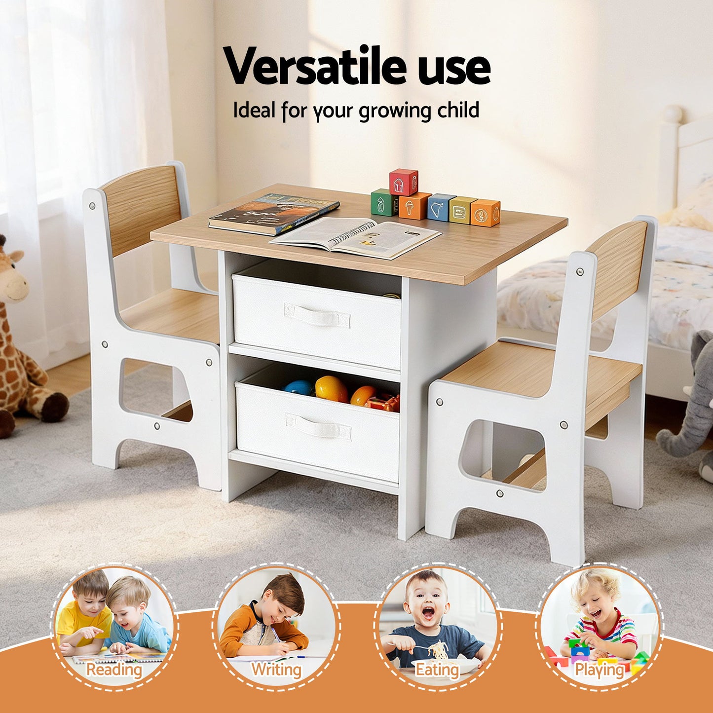 Keezi Kids Table and 2 Chairs Set Wooden Activity Table wit 2 Storage Drawers, Toddler Table and Chair Set for Children Drawing, Reading, Crafts, Eating, Natural - Image 5