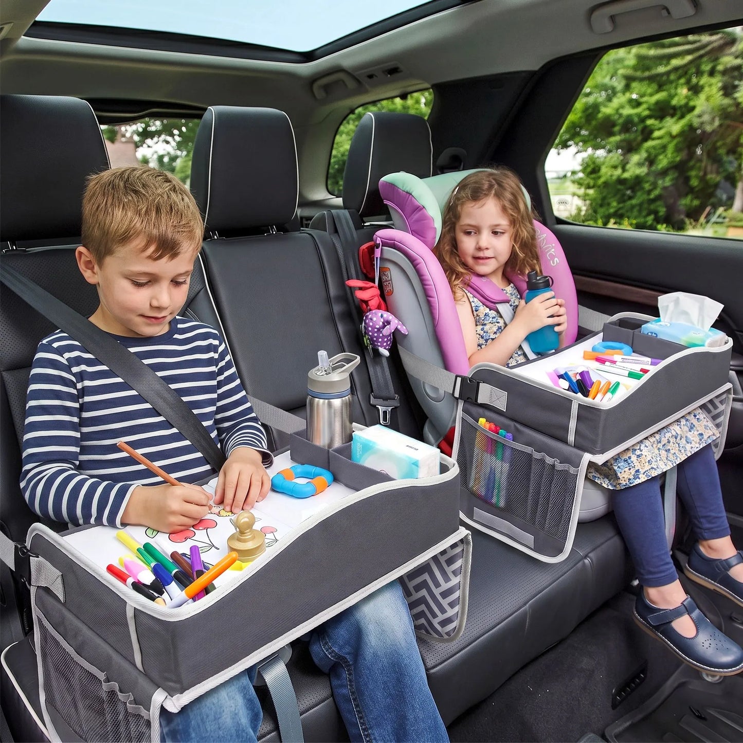 Keezi Kids Travel Tray Car Seat Lap Desk Portable Car Desk Organiser for Car & Airplane Grey - Image 9