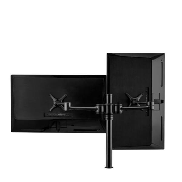 Atdec Dual Monitor Swing Arms Mount on Post. Up to 32", Max load: 8kg (flat), 5.5kg (curved), Bolt-Through and F-Clamp, VESA up to 100x100. Black.