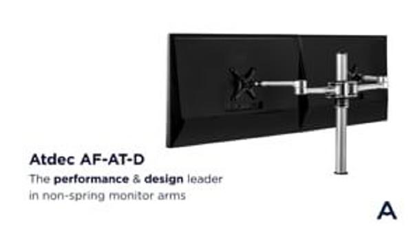 Atdec Dual Monitor Swing Arms Mount on Post. Up to 32", Max load: 8kg (flat), 5.5kg (curved), Bolt-Through and F-Clamp, VESA up to 100x100. Black.