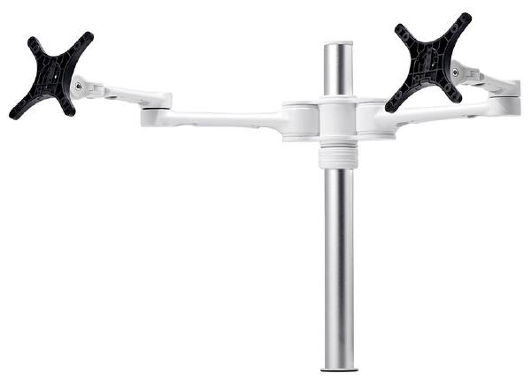 Atdec Dual Monitor Swing Arms Mount on Post. Up to 32", Max load: 8kg (flat), 5.5kg (curved), Bolt-Through and F-Clamp, VESA up to 100x100. White.