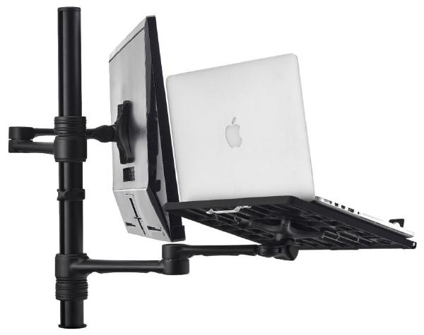 Atdec Notebook-Monitor Combo Mount on Post. Max load: 8kg (Flat), 5.5kg (curved). Up to 32" screens. Up to 18" notebooks (8kg). VESA 100x100. Black