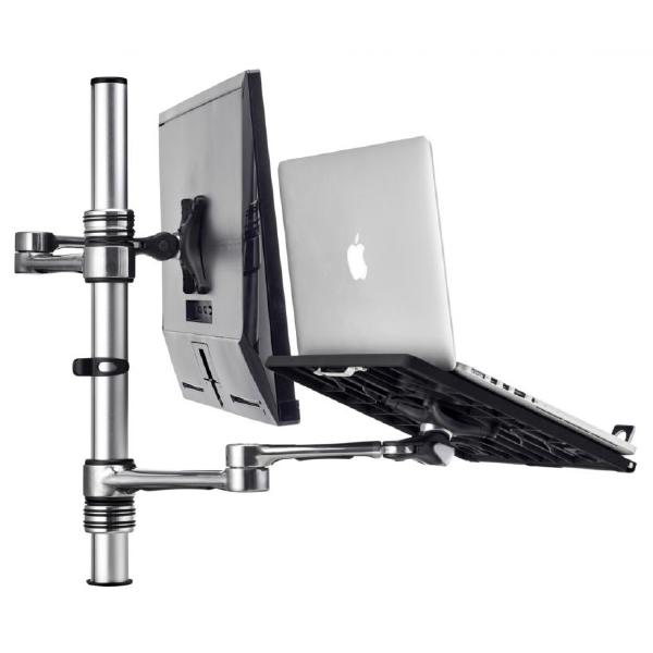 Atdec Notebook-Monitor Combo Mount on Post. Max load: 8kg (Flat), 5.5kg (curved). Up to 32" screens. Up to 18" notebooks (8kg). VESA 100x100. Silver