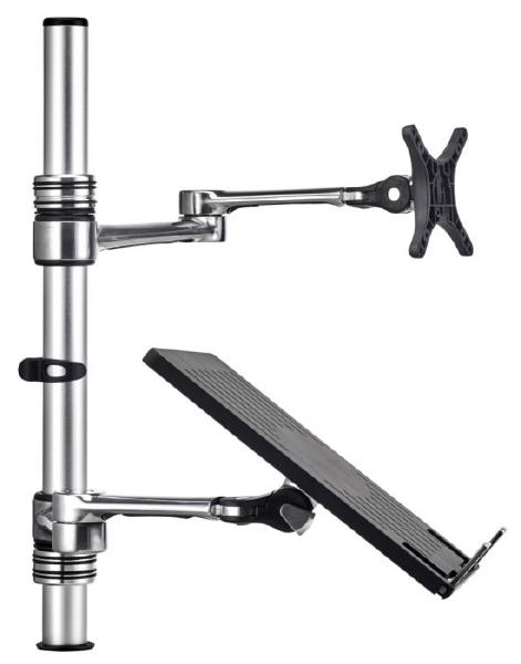 Atdec Notebook-Monitor Combo Mount on Post. Max load: 8kg (Flat), 5.5kg (curved). Up to 32" screens. Up to 18" notebooks (8kg). VESA 100x100. Silver