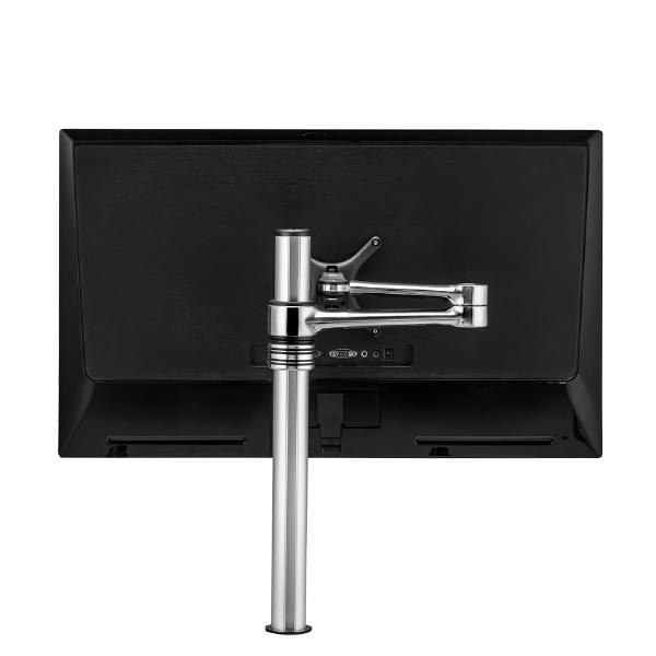 Atdec Single Monitor Swing Arm on Post. Up to 32" screens, Max load: 8kg (flat), 5.5kg (curved), Bolt-Through and F-Clamp, VESA up to 100x100. Silver.
