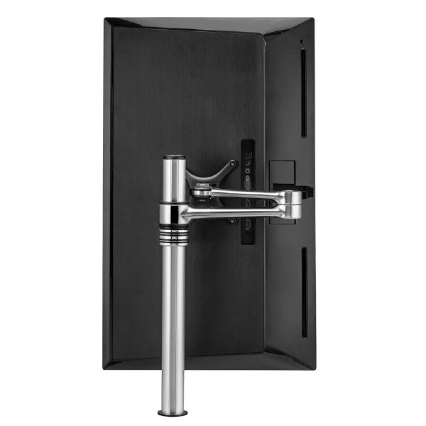 Atdec Single Monitor Swing Arm on Post. Up to 32" screens, Max load: 8kg (flat), 5.5kg (curved), Bolt-Through and F-Clamp, VESA up to 100x100. Silver.