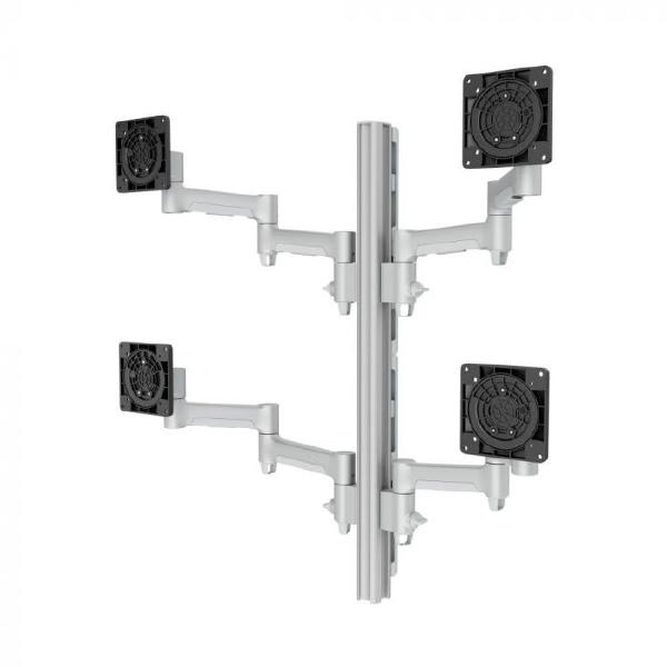 Atdec AWMS-4-4675 Quad 460mm Monitor Arms on 750mm Post. 12kg Flat Screens, 10kg Curved Screens, Heavy-Duty F Clamp Desk Fixing, Silver