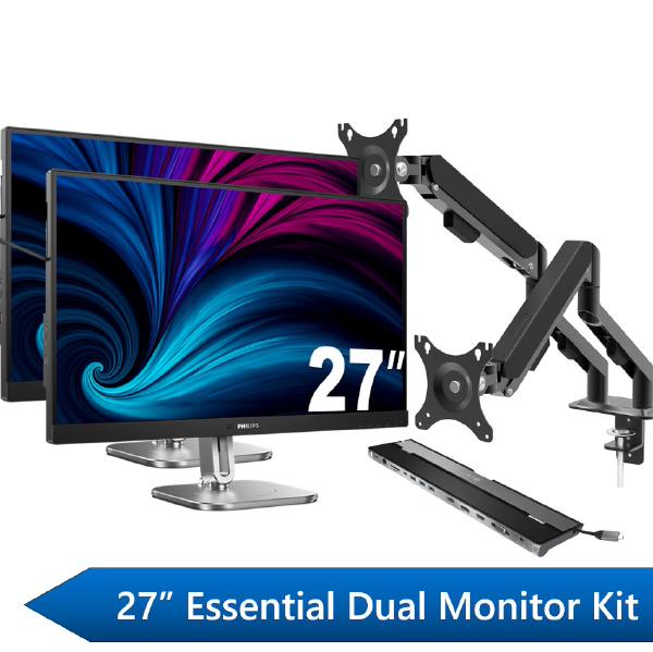 Philips 27" Essential Dual Monitor Docking Kit, 2x 27" QHD Business Monitors, 1x J5Create USB-C D...