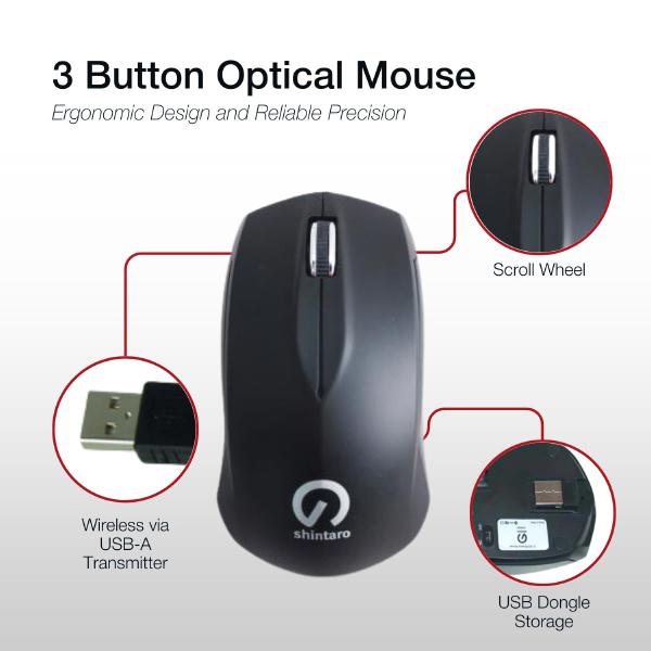 Shintaro 3 Button Wireless RF Mouse with USB 2.0 Dongle & 1600 DPI Precision - Ergonomic Optical Design
