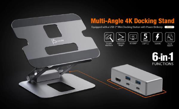 J5create JTS327 Multi-Angle single 4K HDMI Docking Laptop Stand with USB-C Pass Through (USB-C Do... - Image 3