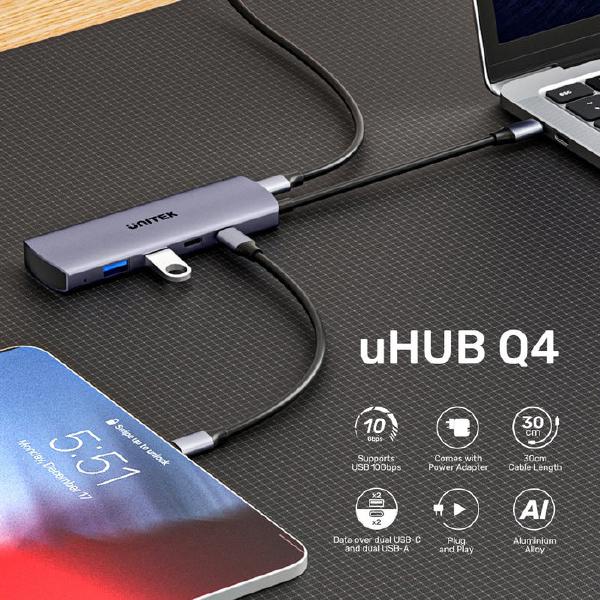 Unitek 4-in-1 uHUB Q4 USB-C Hub, 10Gbps, USB-A x2, USB-C x2, Grey, Unitek Hook Color Box - Dockin... - Image 9