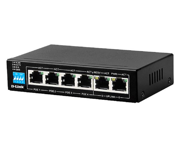 D-Link 6-Port Unmanaged PoE Switch with 4 PoE RJ45 and 2 Uplink RJ45 Ports