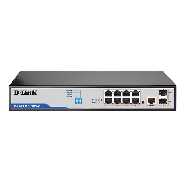 D-Link DGS-F1210, 10-Port Gigabit Smart Managed PoE+ Switch with 8 PoE RJ45 and 2 SFP Ports - Net...