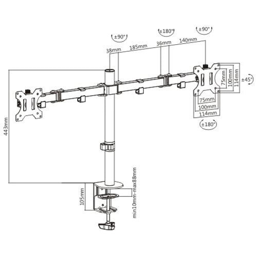 Brateck Dual Screens Economical Double Joint Articulating Steel Monitor Arm Fit Most 13’’-32’’ Monitors Up to 8kg per screen VESA 75x75/100x10