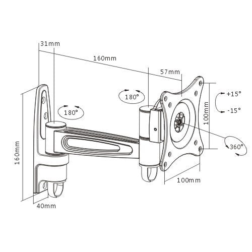Brateck Single Monitor Wall Mount tilting Swivel Wall Bracket Mount VESA 75mm/100mm For most 13''-27' LED, LCD flat panel TVs; up to 15kg