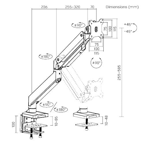 Brateck Single Monitor Heavy-Duty Gas Spring Aluminum Monitor Arm Fit Most 17'-35' Monitor Up to15kg per screen