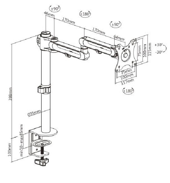 Brateck Articulating Aluminum Single Monitor Arm Fit Most 17'-32' Montior Up to 8kg per screen VESA 75x75/100x100
