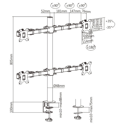 Brateck Quad Monitors Affordable Steel Articulating Monitor Arm Fit Most 17'-32' Monitors Up to 9kg per screen VESA 75x75/100x100 (LS)
