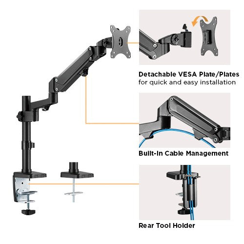 Brateck Single Monitor Heavy-Duty Aluminum Gas Spring Monitor Arm Fit Most 17' - 35' Monitors Up to12kg per screen VESA 75x75/100x100 (LS)