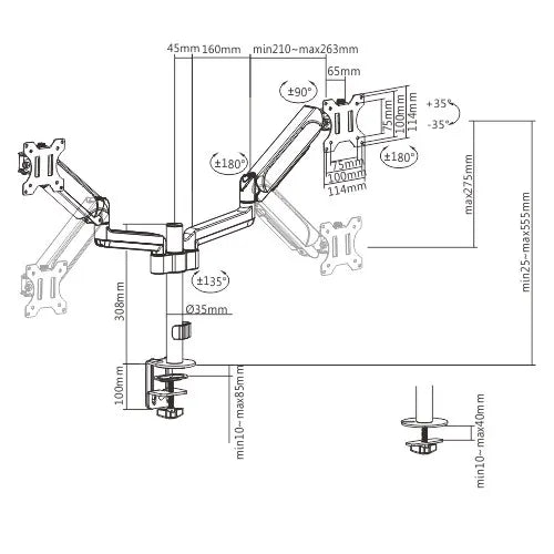 Brateck Dual Monitors Pole-Mounted Gas Spring Monitor Arm Fit Most 17'-32' Monitors Up to 9kg per... - Image 2
