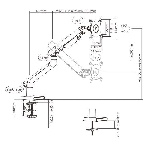 Brateck Single Monitor Premium Slim Aluminum Spring-Assisted Monitor Arm Fix Most 17'-32' Monitor Up to 9kg per screen VESA 75x75/100x100 - Space Grey