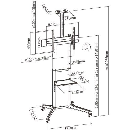 Brateck Versatile Compact Steel TV Cart with top and center shelf for 37'-70' TVs Up to 50kg, Fine Texture Black, 871x678x1966mm (LS)