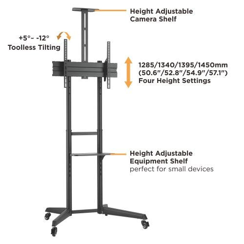 Brateck Versatile Compact Steel TV Cart with top and center shelf for 37'-70' TVs Up to 50kg, Fine Texture Black, 871x678x1966mm (LS)