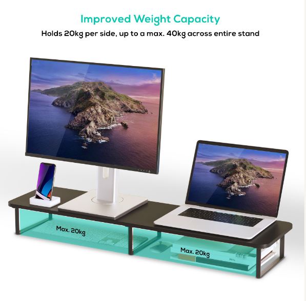 mbeat® activiva Black Dual Monitor Riser Dimensions:1000mm × 260mm × 122mm Fit Screen Size:13'~32' Package Weight:3.5kg