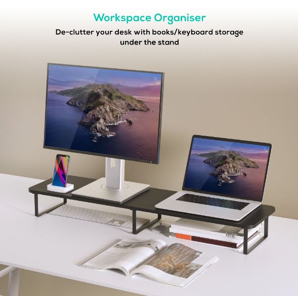 mbeat® activiva Black Dual Monitor Riser Dimensions:1000mm × 260mm × 122mm Fit Screen Size:13'~32' Package Weight:3.5kg