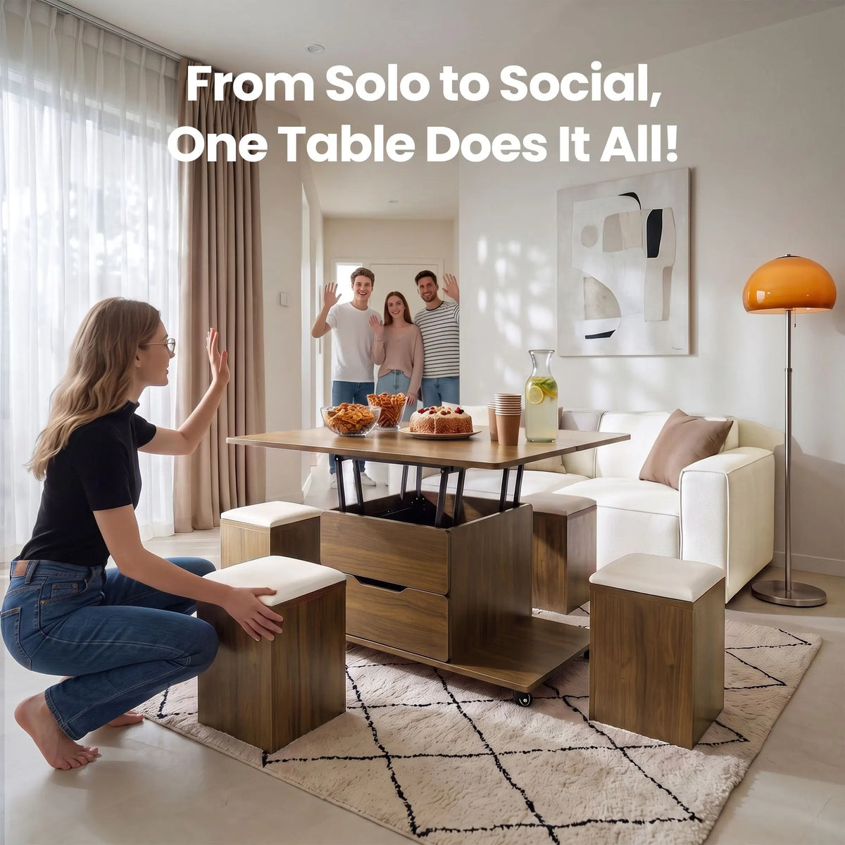 Fittro 3-in-1 Lift Top Coffee Table with 4 Chairs, Dining Table Work Desk Built-in Storage, Hydraulic Swivel, Lockable Castors, Space-Saving for Living Rooms & Flats, Apartments - Image 9