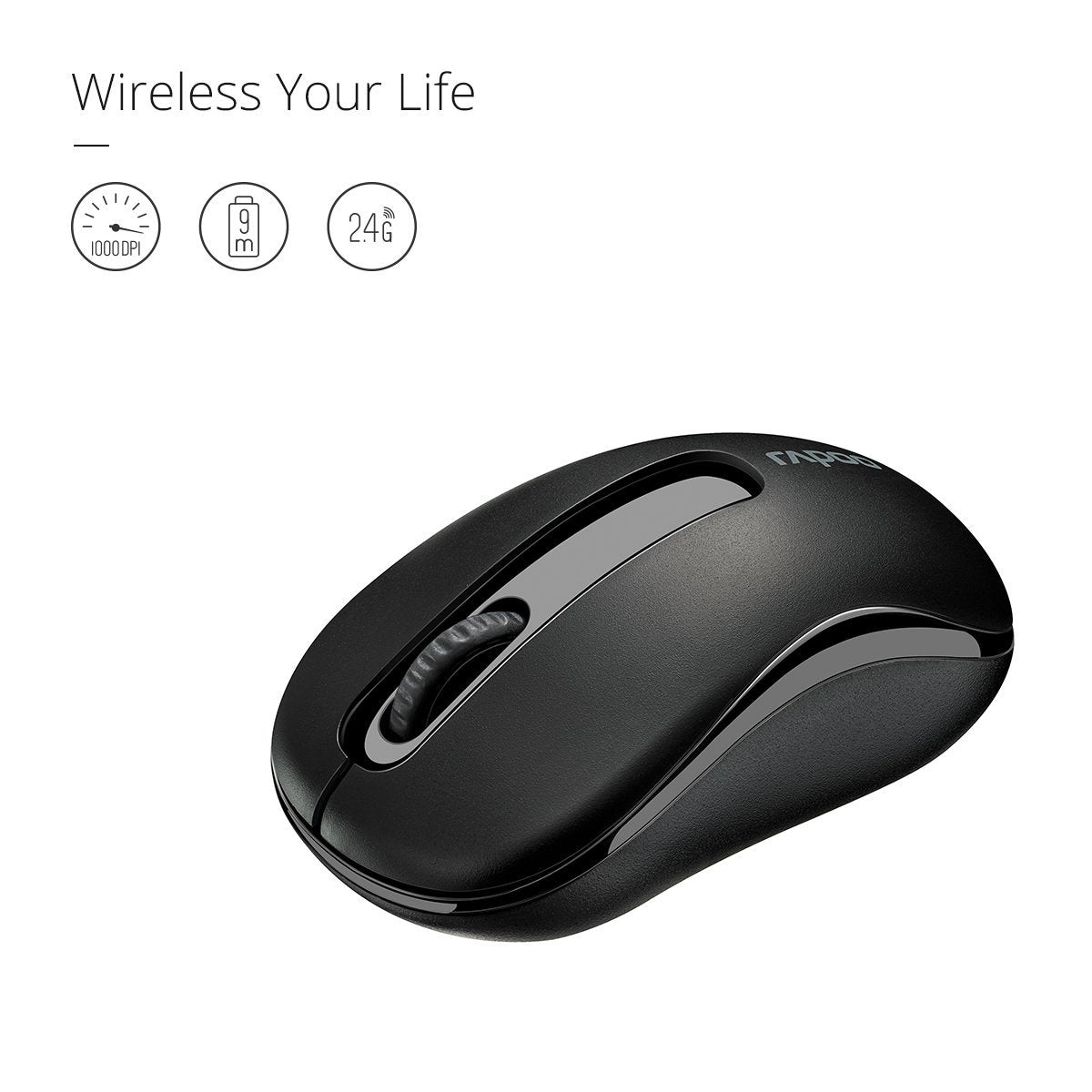 RAPOO M10 PLUS 2.4GHz Wireless Optical Mouse Black - 1000dpi Coverage up to 10 Meters and 360 degrees. 3Keys