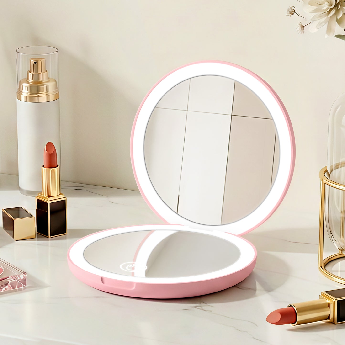 Embellir LED Compact Mirror Lighted Travel Makeup Mirror Pocket-Sized 1x 10x Magnification Round Pink - Image 9