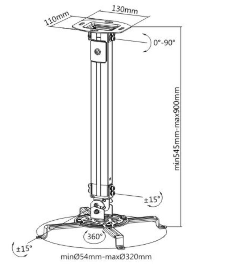 Brateck Steel Projector Ceiling Mount in Black Fit most Projectors Up to 13.5kg, 334x334x900mm, I... - Image 2