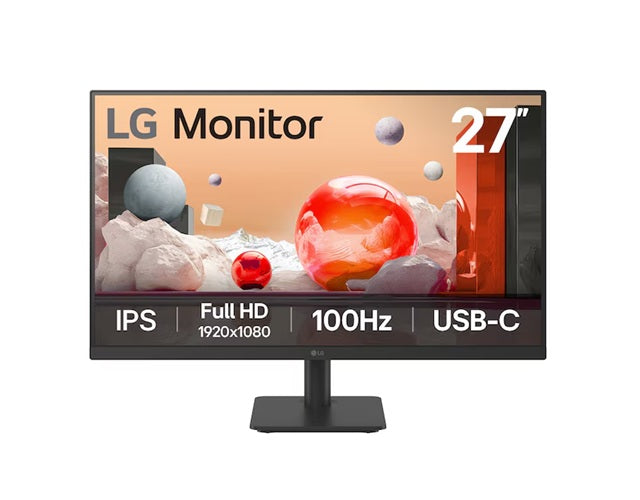 LG 27' IPS Full HD Monitor with 100Hz refresh rate, USB-C (65W PD), 3-side borderless design, Rea...