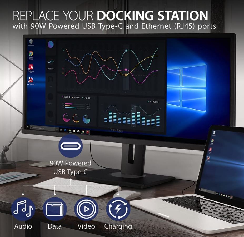 ViewSonic 34' WQHD 3440 x 1440, USB-C Docking, 90w Charger,Ethernet, FreeSync, Speaker, VDisplay,...