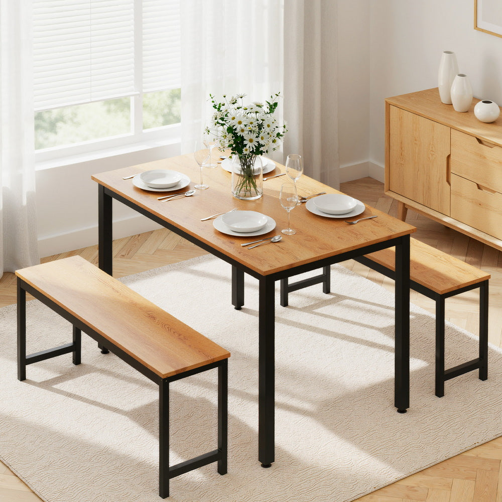 Artiss Dining Table and Chairs Set 3PCS Kitchen Metal Desk Bench Natural Oak - Image 7