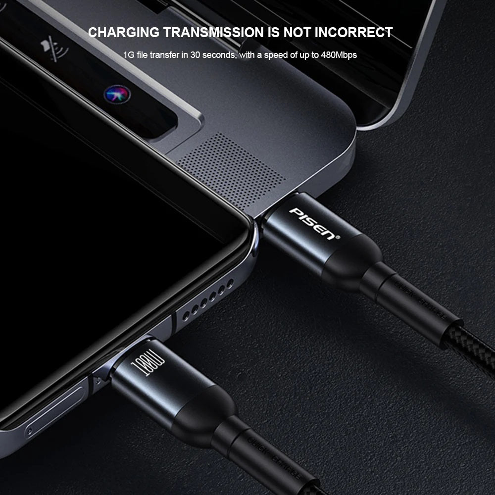 Pisen Braided USB-C to USB-C 100W PD Fast Charge Cable (1M) Black - Bend-Resistant, Samsung Galax... - Image 4